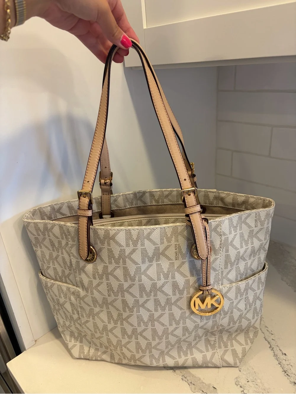 Michael Kors Beige Logo Tote with cream Leather Straps